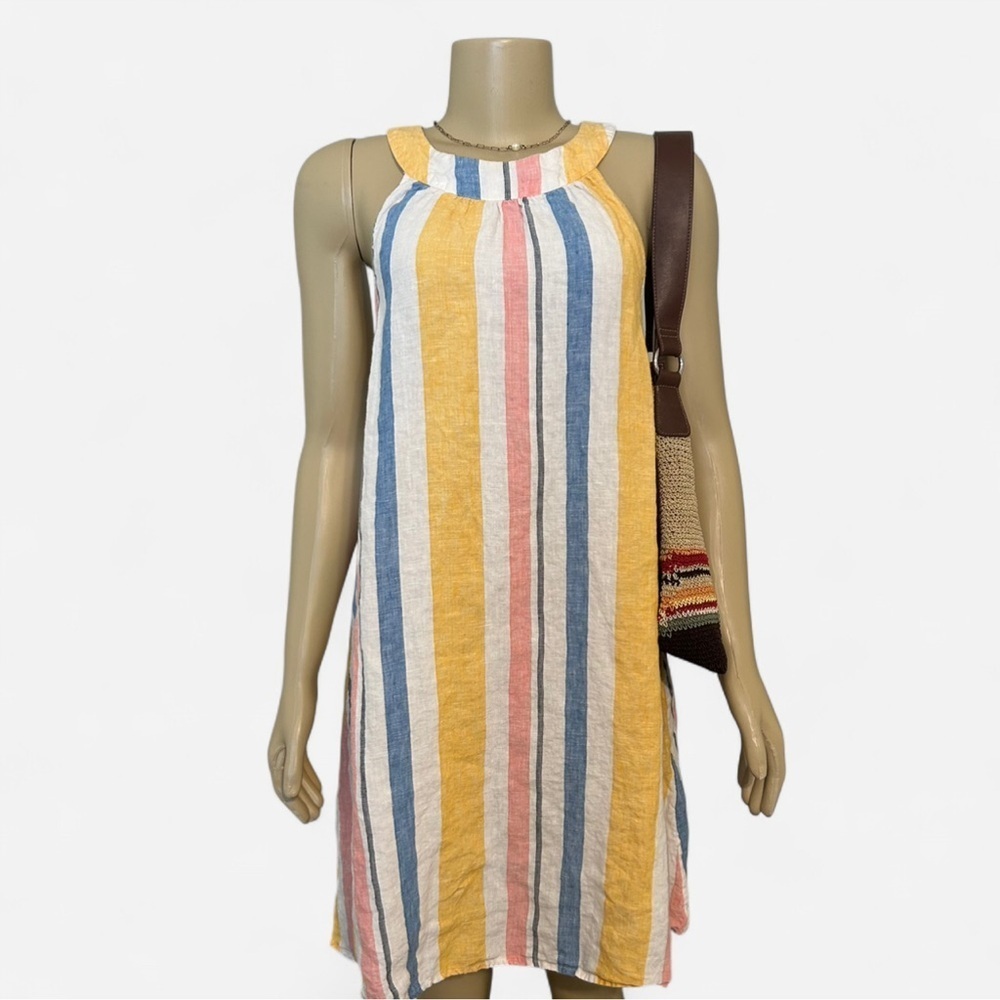 Linen Striped Mini Dress Coastal Beach Vacation Summer Shift Dress Size M
